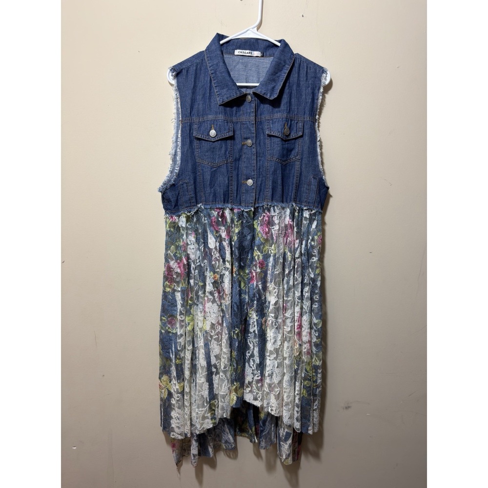 Origami Denim Vest Gauzy Lace Duster BohoWestern Fairy Gypsy Flowy Overskirt LXL